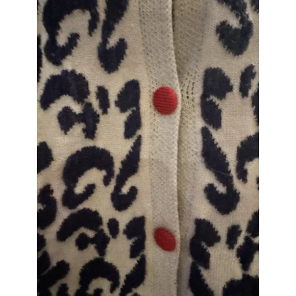Leopard Print Taupe Navy Blue Cardigan Red Buttons *No Size Tag See Measurements - Picture 5 of 9
